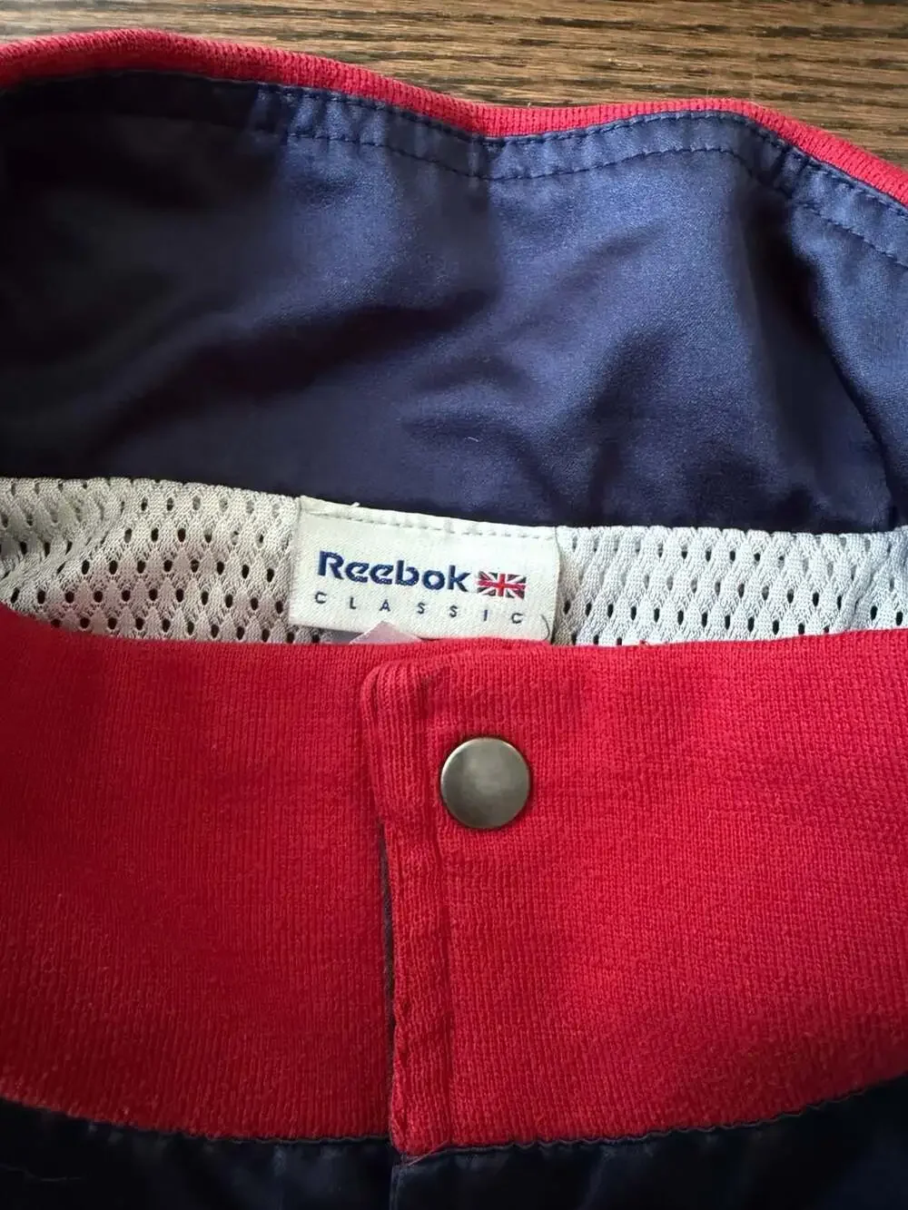 Vintage Reebok Classic Satin Snap Bomber Jacket Navy Red 2XL